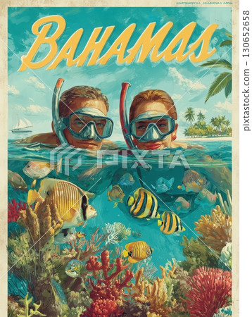 Two snorkelers explore the colorful underwater world of the Bahamas. Lush coral reefs teem with exotic fish in bright hues. The setting is tropical, filled with clear blue waters and palm trees. 130652658