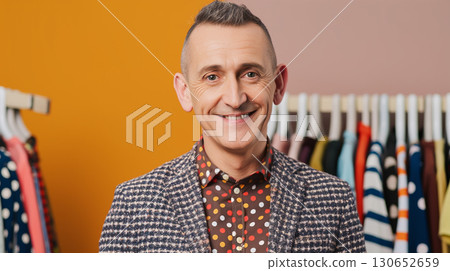 Cheerful funny person wearing trendy stylish jacket expresses happiness and joy. High quality photo 130652659