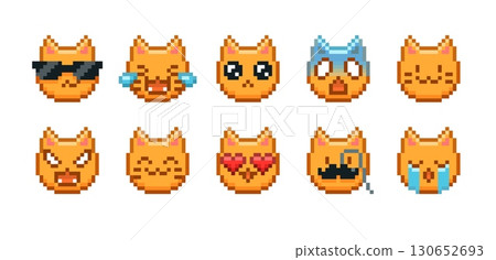 Set of colored pixel cat emoticons, with different facial expressions, 8-bit icons. Set of colored pixel cat emoticons, with different facial expressions, 8-bit icons. 130652693