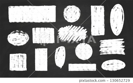 White chalk vector set of geometric shapes on black background, scribble round, rectangle figure chalk board kid drawing White chalk vector set of geometric shapes on black background, scribble round, rectangle figure chalk board kid drawing 130652729