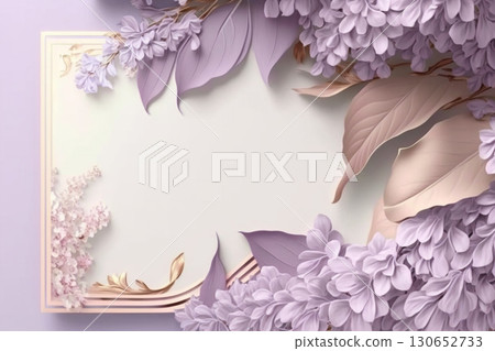 Frame with beautiful flowers, branches, leaves and petals. Top view, created with ai generative technology. 130652733