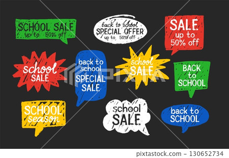 Colorful chalk speech bubble with Back to school sale, Special offer 50 percent off, discount banner design vector set 130652734