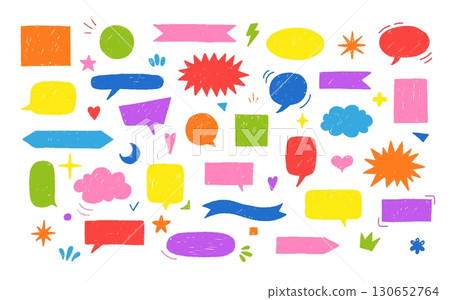 Colorful crayon speech bubbles and design elements collection, cartoon text box vector set, chalk chat communication Colorful crayon speech bubbles and design elements collection, cartoon text box vector set, chalk chat communication 130652764