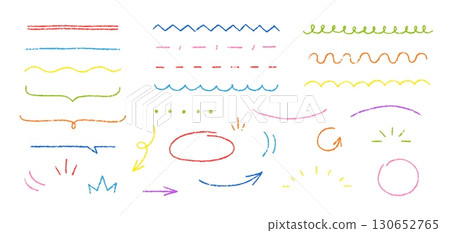 Set of lines, arrows, dots, brackets, hand drawn, colored pencils children's drawing. 130652765