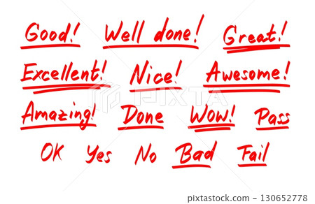 Red marker grade mark, exam and test result vector hand drawn set, collection of great and bad comments with underline 130652778