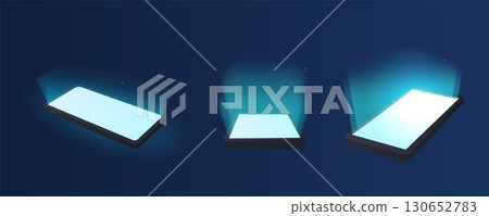 Smartphone with white glowing screen view from different angles, realistic 3D gadget device luminous display vector set Smartphone with white glowing screen view from different angles, realistic 3D gadget device luminous display vector set 130652783