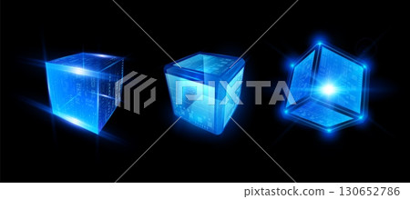 Set of glowing transparent neon blue cubes with rays, highlights, and dots. Set of glowing transparent neon blue cubes with rays, highlights, and dots. 130652786