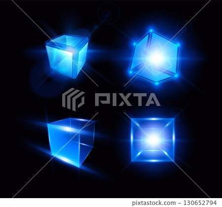 Energy glow cube block vector design set, shiny blue neon 3D square shape, cyber matrix box, high tech computer engineer Energy glow cube block vector design set, shiny blue neon 3D square shape, cyber matrix box, high tech computer engineer 130652794