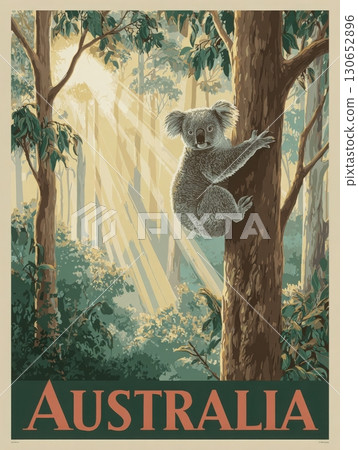 A koala is seen climbing a tree in a lush Australian forest. Sunlight filters through the trees, creating a tranquil atmosphere. 130652896