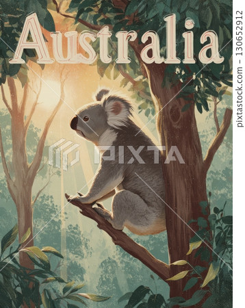 A koala sits peacefully on a branch amidst lush foliage in an Australian forest. Soft sunlight filters through the trees, creating a tranquil atmosphere. The setting showcases natures beauty. 130652912