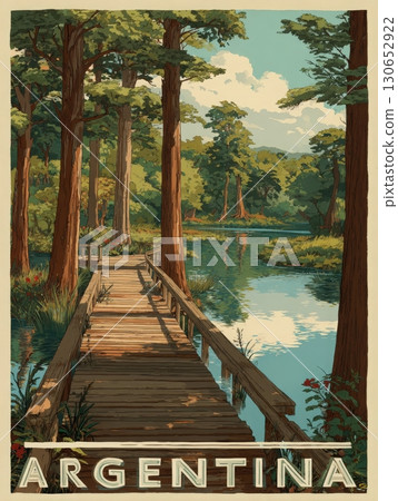A wooden walkway extends over a calm lake, framed by tall trees and vibrant greenery. The sunlight filters through the leaves, creating a tranquil atmosphere in Argentinas natural landscape. 130652922