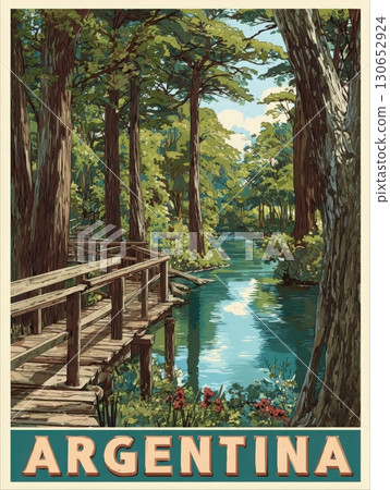 A tranquil river flows through a vibrant forest in Argentina, with a wooden walkway leading alongside the water. Sunlight filters through the trees, creating a peaceful atmosphere. 130652924
