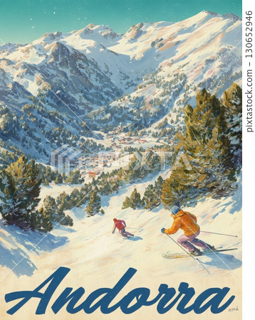 Two skiers glide down a snowy slope in Andorra, surrounded by majestic mountains and a clear blue sky. The village below adds charm to this winter landscape during daytime. 130652946