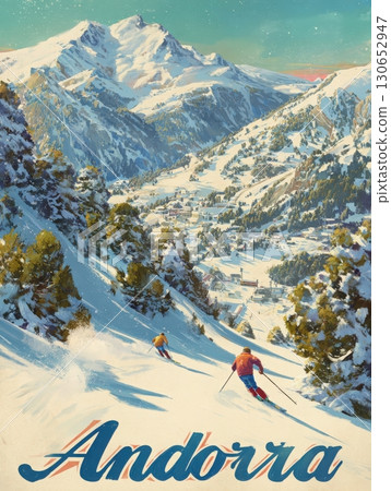 Two skiers navigate down a snowy slope in Andorra, surrounded by majestic mountains. The bright sun shines down, illuminating the pristine winter landscape and the quaint village below. 130652947
