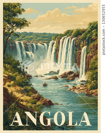 Towering waterfalls cascade down rocky cliffs, surrounded by lush greenery in Angola. A small boat glides through the tranquil waters, enhancing the picturesque setting during daylight. 130652955