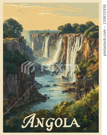 Vivid waterfalls plunge down rocky cliffs surrounded by lush greenery in Angola. The golden hues of sunset reflect on the water, creating a breathtaking view of natural beauty and tranquility. 130652956