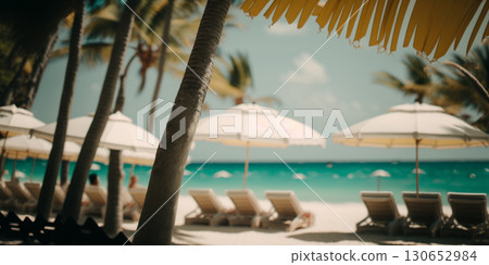 White sun umbrellas on the beach. Summer concept created with ai generative technology. 130652984
