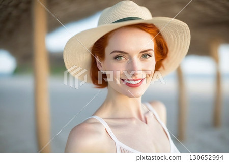 Outdoor portrait of a smiling girl in a hat. Summer concept created with ai generative tools. 130652994