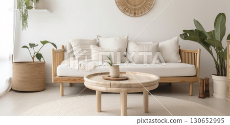 Modern interior in beige and grey colors, cozy living room created with ai generative tools. Modern interior in beige and grey colors, cozy living room created with ai generative tools. 130652995