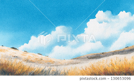 秋天的草地和藍天水彩背景圖 130653096
