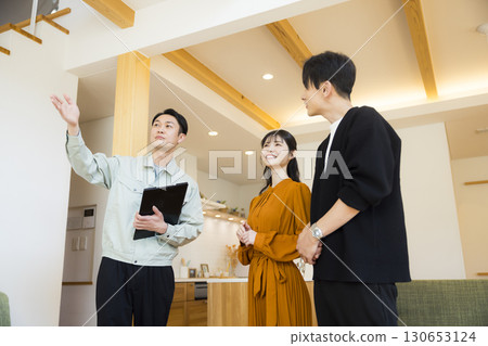 A man in work clothes showing around a model room 130653124