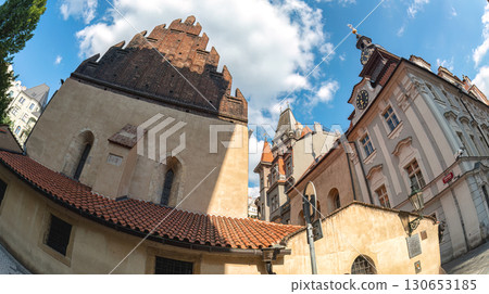 The Old New Synagogue casts a shadow over the Prague skyline in the Czech Republic The Old New Synagogue casts a shadow over the Prague skyline in the Czech Republic 130653185