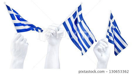 Hands waving Greek flags isolated on white. 3d Rendering 130653362
