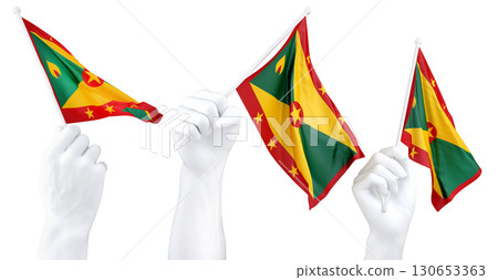 Hands waving Grenada flags isolated on white. 3d Rendering Hands waving Grenada flags isolated on white. 3d Rendering 130653363