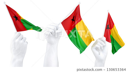 Hands waving Guinea Bissau flag isolated on white. 3d Rendering 130653364
