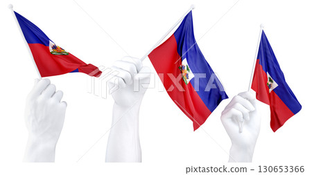 Hands waving Haiti flags isolated on white. 3d Rendering Hands waving Haiti flags isolated on white. 3d Rendering 130653366