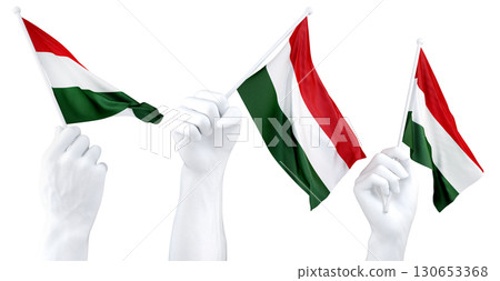 Hands waving flag of Hungary isolated on white. 3d Rendering Hands waving flag of Hungary isolated on white. 3d Rendering 130653368