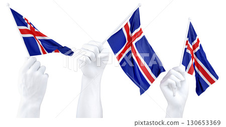 Hands waving flag of Iceland isolated on white. 3d Rendering 130653369
