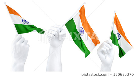 Hands waving flag of India isolated on white. 3d Rendering Hands waving flag of India isolated on white. 3d Rendering 130653370