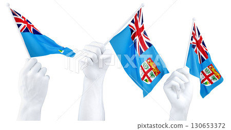 Hands waving flag of Fiji isolated on white. 3d Rendering 130653372