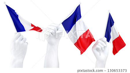 Hands waving flag of France isolated on white. 3d Rendering 130653373