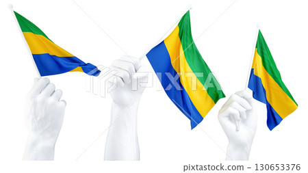 Hands waving flag of Gabon isolated on white. 3d Rendering 130653376