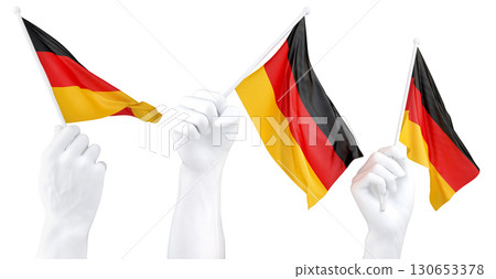 Hands waving flag of Germany isolated on white. 3d Rendering Hands waving flag of Germany isolated on white. 3d Rendering 130653378
