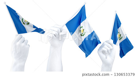 Hands waving flag of Guatemala isolated on white. 3d Rendering 130653379