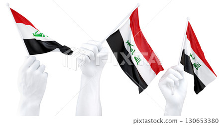 Hands waving flag of Iraq isolated on white. 3d Rendering Hands waving flag of Iraq isolated on white. 3d Rendering 130653380