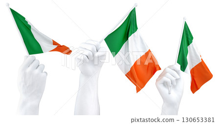 Hands waving flag of Ireland isolated on white. 3d Rendering 130653381