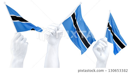 Hands waving flag of Botswana isolated on white. 3d Rendering Hands waving flag of Botswana isolated on white. 3d Rendering 130653382