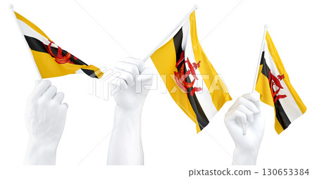 Hands waving flag of Brunei isolated on white. 3d Rendering 130653384