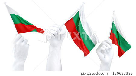 Hands waving flag of Bulgaria isolated on white. 3d Rendering 130653385