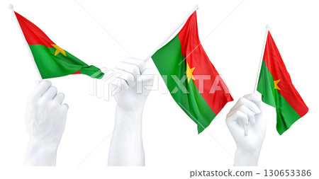 Hands waving flag of Burkina Faso isolated on white. 3d Rendering Hands waving flag of Burkina Faso isolated on white. 3d Rendering 130653386