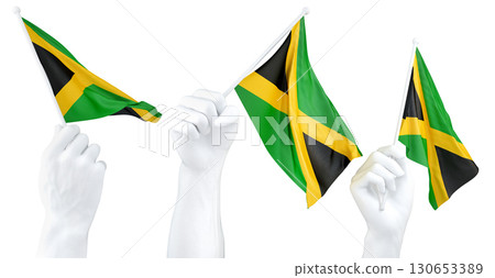 Hands waving flag of Jamaica isolated on white. 3d Rendering 130653389