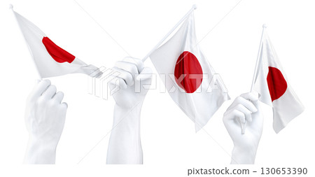Hands waving flag of Japan isolated on white. 3d Rendering Hands waving flag of Japan isolated on white. 3d Rendering 130653390
