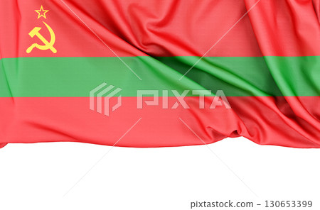 Flag of Transnistria (Pridnestrovie) isolated on white background with copy space below. 3D rendering 130653399