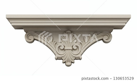 Shelf bracket isolated on white, decorative ornate design, top-down view, metal texture detail 130653529