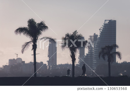 Silhouette of a man walking over pier with palm trees and cityscape in background. Limassol, Cyprus 130653568