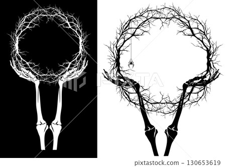 human skeleton hand holding bare tree branches frame black and white vector silhouette design 130653619